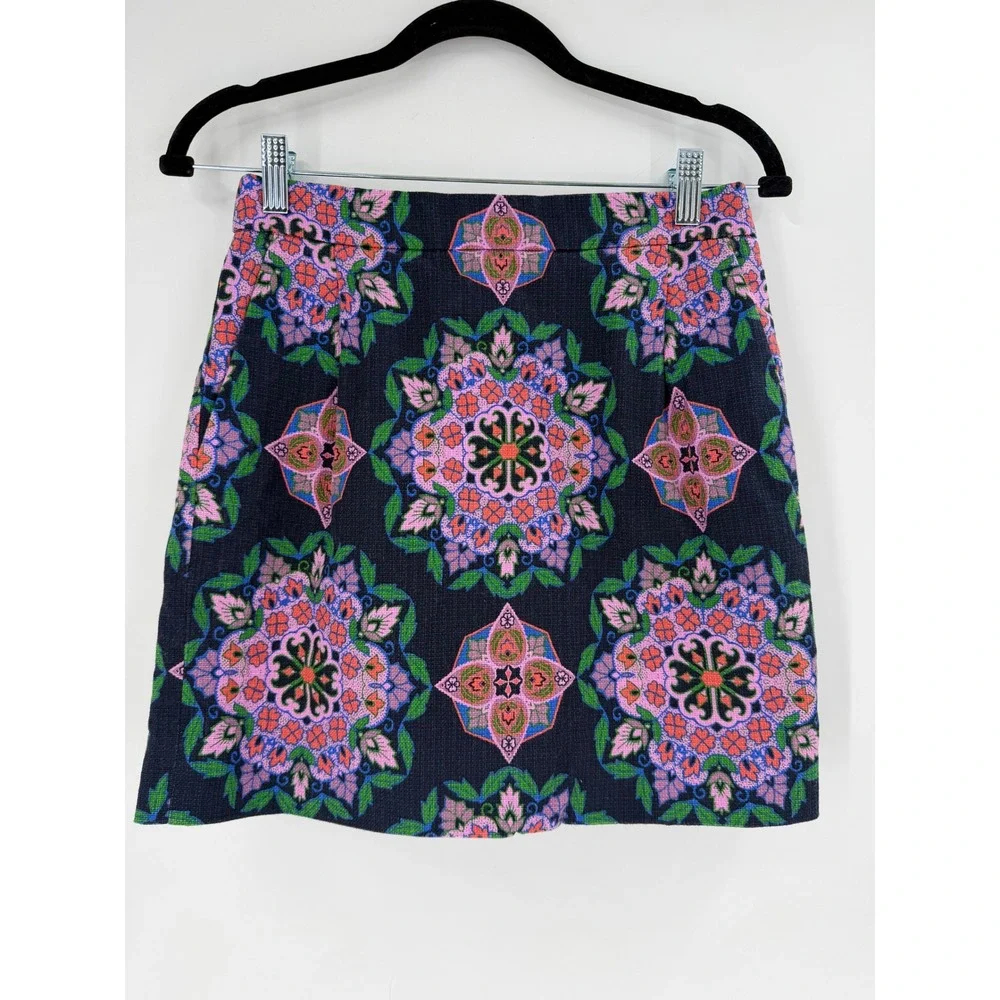 J.Crew‎ Mini Skirt Womens 2 Navy Pink Mandala Floral A0111 Boho Preppy Colorful